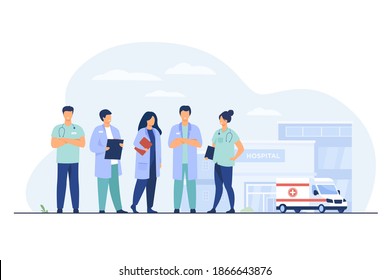 Group Of Doctors Standing At Hospital Building. Team Of Practitioners And Ambulance Car In Background. Vector Illustration For Medical Staff, Medicine, Job, Occupation Concept