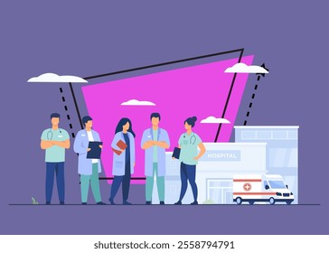 Group of doctors standing at hospital building. Team of practitioners and ambulance car in background. Vector illustration for medical staff, medicine, job, occupation concept