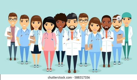 A Group Of Doctors Standing Side By Side. Teamwork. The Medical Director Is Ahead Of Its Employees. Different Specializations. Isolated Flat Style.