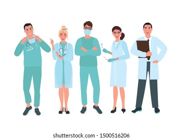 Group of doctors surgeon, therapist, dentist in medical uniform. Vector illustration of people in healthcare