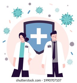 Group of doctors, surgeons or nurses in uniform. Team of medical professionals. Concept of healthcare. Hospital and ambulance workers. Private clinic. Medical personnel team. Flat vector illustration