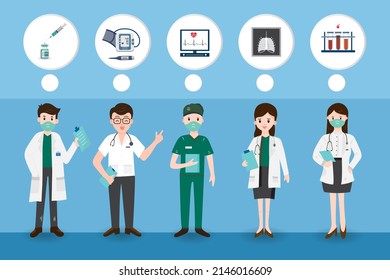 A Group of doctors in uniform with medical equipment icon isolated on blue background ,medical team ,medical healthcare ,cartoon character ,Vector ,Illustration.