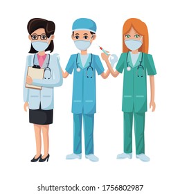 group of doctors using medical masks with vaccine vector illustration design
