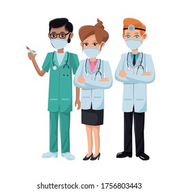 grupo de médicos que utilizan máscaras médicas con diseño de ilustraciones de vectores de vacunas