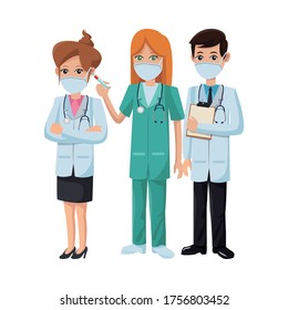 group of doctors using medical masks with vaccine vector illustration design