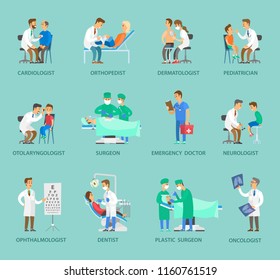 Group of doctors vector banner in cartoon style. Specialists in medical uniform examining, operating and curing people, in surgery with equipment