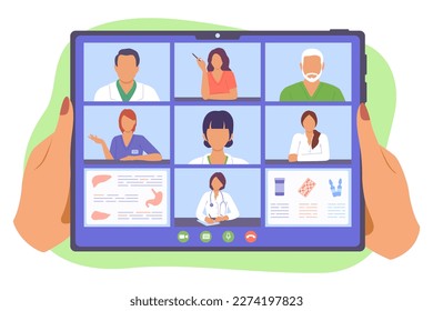 Group of doctors visiting virtual medical conference. Webinar room for medical staff. Business remote teleconference. Distance group call. Video call meeting with therapists. Vector