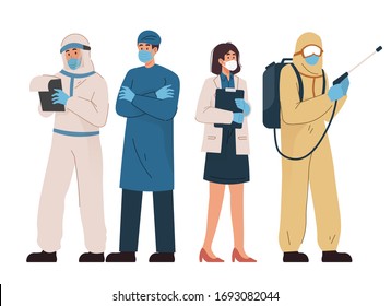 Group of doctors wearing face mask and medical staff with protective suit. Flat cartoon character