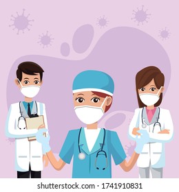group of doctors wearing medical masks vector illustration design