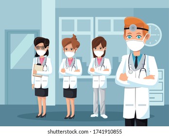 group of doctors wearing medical masks vector illustration design