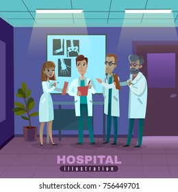 Group of doctors in white robes with clipboards during x-ray examination in hospital vector illustration
