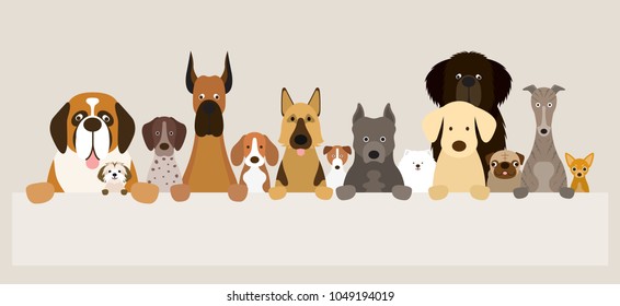 Group of Dog Breeds Holding Banner, Various Size, Front View, Pet