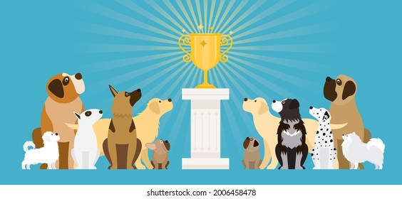 Group of Dog Breeds Looking at Trophy on Winner Podium, Champion, Competition and Contest Concept 