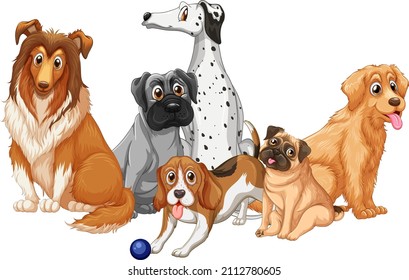 Group of dog breeds on white background illustration