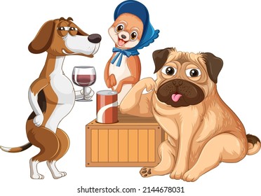 A group of dog drinking wine illustration