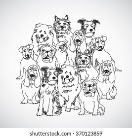 Group dogs black and white isolate. Black and white vector illustration. EPS8