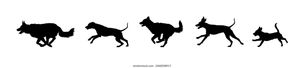 Group of dogs running side view vector black silhouettes.	