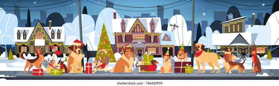 Group Of Dogs In Santa Hats Outdoors Near Decorated Houses Marry Christmas And Happy New Year Horizontal Poster Flat Vector Illustration