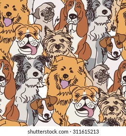 Group dogs seamless pattern color. Crowd dogs in wallpaper. Color vector illustration. EPS 8.