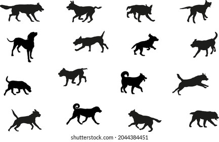 Grupo de perros de varias razas. Silueta de perro negro. Corriendo, parado, caminando, saltando perros. Aislado sobre un fondo blanco. Animales de mascotas. Ilustración vectorial.