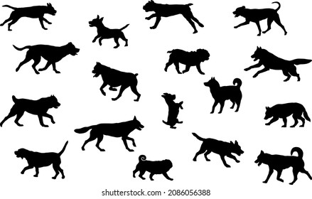 Group of dogs various breed. Black dog silhouette. Running, standing, walking, jumping dogs. Isolated on a white background. Pet animals. Vector illustration.