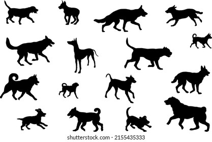 Group of dogs various breed. Black dog silhouette. Running, standing, walking, jumping dogs. Isolated on a white background. Pet animals. Vector illustration.