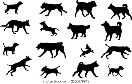 Group of dogs various breed. Black dog silhouette. Running, standing, walking, jumping dogs. Isolated on a white background. Pet animals. Vector illustration.