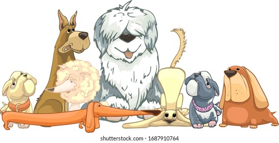 group of dogs, vector illustration of cute animals for background, wallpaper, print, commander, shepherd, dachshund, bulldog, pug, poodle, labrador? 
color hand drawing with graphic outline