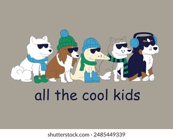 a group of dogs wearing winter clothes and hats