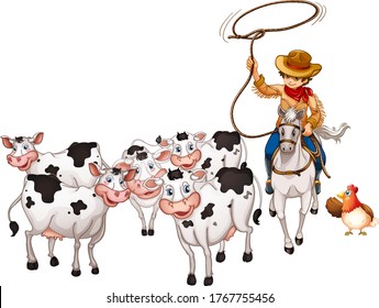 Group of domestic animals with cowboy isolated illustration
