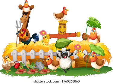 Group of domestic animals in a farm isolated illustration