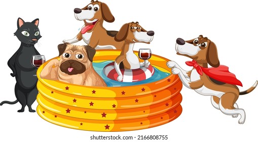 Group of domestic dogs in inflatable pool illustration