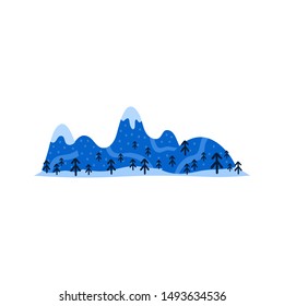 Group of doodle blue mountains and fir trees in Scandinavian style isolated on white background.