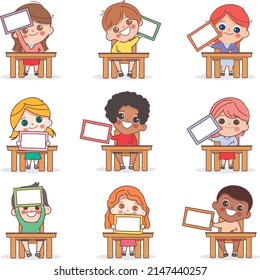 Group of doodle cartoon children student showing placard in the classroom. Back to school. Cute cartoon character doodle style.