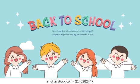Group of doodle cartoon children student showing placard in the classroom. Back to school. Cute cartoon character doodle style.