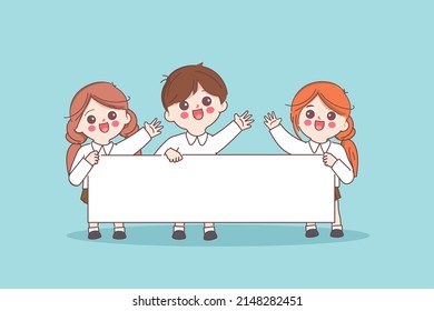 Group of doodle cartoon children student showing placard in the classroom. Back to school. Cute cartoon character doodle style.