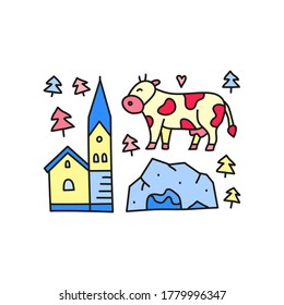 Group of doodle colored Austria icons including church, cow, cave, fir trees isolated on white background.