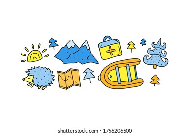 Group of doodle colored eco tourism icons including sun, hedgehog, map, mountains, first aid kit, fir tree, boat isolated on white background.