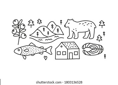 Group of doodle colorful natural, forest, animal, food icons including blueberry, trout fish, hills, river, house, bear, salmon steak isolated on white background. Eco tourism.