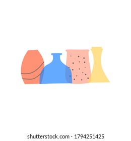 Group of doodle colorful vases in minimalism style with dots, stripes isolated on white background.