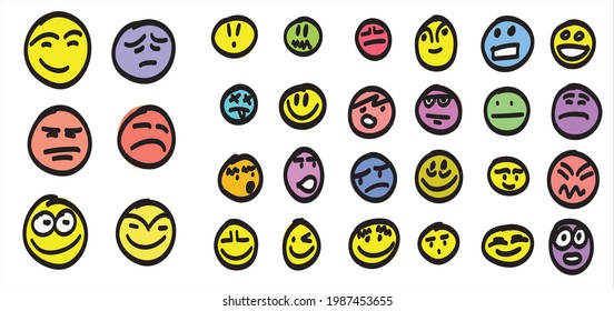Group of doodle faces with emotion expressions on white background.