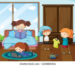 Group of doodle kids in bedroom illustration