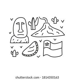 Group Of Doodle Outline Chile Icons Including Easter Island Statue, Villarrica Volcano, Flag, Empanadas, Cactuses Isolated On White Background.