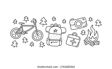 Group of doodle outline eco tourism icons including bike, backpack, first aid kit, camera, campfire isolated on white background.