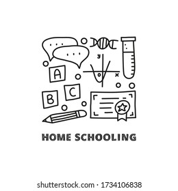 Group of doodle outline education, e-learning icons including chat bubble, test tube, certificate, pencil, dna, graph, alphabet letters and lettering isolated on white background.
