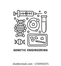 Group of doodle outline genetic engineering icons including dna, syringe, molecule, test tube, tablet and lettering.