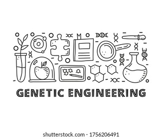 Gruppe von Doodle umreißt Genetik-Symbole wie Pflanze in Reagenzglas, Apfel, Puzzleteil, Buch, Loupe, Tablette mit Formel, Stift, Kolben, DNA einzeln auf weißem Hintergrund.