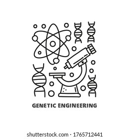 Group of doodle outline genetic engineering icons including dna, microscope, molecule and text.