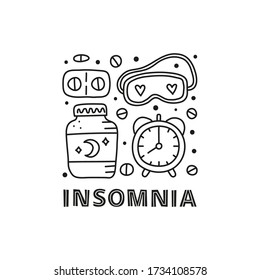 Group of doodle outline insomnia and bed time icons including clock, sleep mask, pills and lettering isolated on white background.
