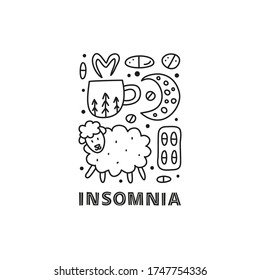 Group of doodle outline insomnia and bed time icons including sheep, moon, pills, hot drink in cup and lettering isolated on white background.